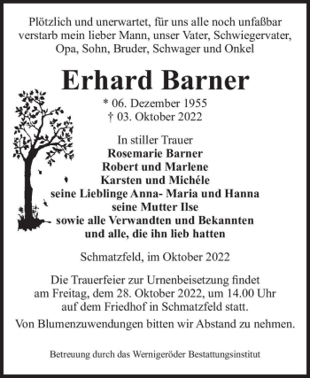 Traueranzeige von Erhard Barner  von Magdeburger Volksstimme