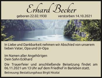 Traueranzeige von Erhard Becker  von Magdeburger Volksstimme