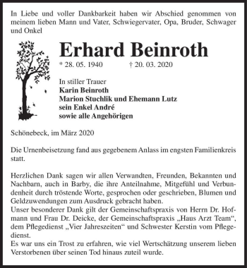 Traueranzeige von Erhard Beinroth  von Magdeburger Volksstimme
