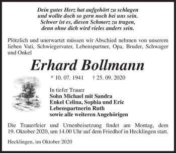 Traueranzeige von Erhard Bollmann  von Magdeburger Volksstimme