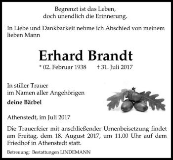 Traueranzeige von Erhard Brandt  von Magdeburger Volksstimme