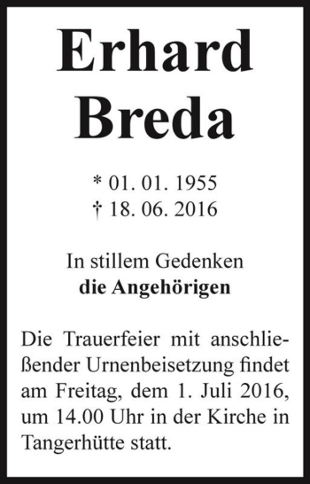 Traueranzeige von Erhard Breda  von Magdeburger Volksstimme