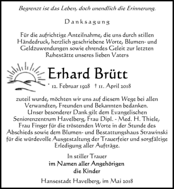 Traueranzeige von Erhard Brütt  von Magdeburger Volksstimme