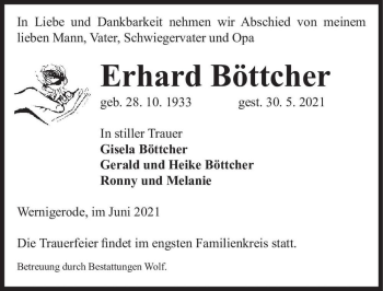 Traueranzeige von Erhard Böttcher  von Magdeburger Volksstimme
