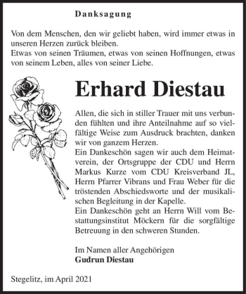 Traueranzeige von Erhard Diestau  von Magdeburger Volksstimme
