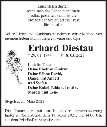 Traueranzeige von Erhard Diestau  von Magdeburger Volksstimme