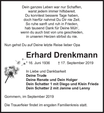 Traueranzeige von Erhard Drenkmann  von Magdeburger Volksstimme