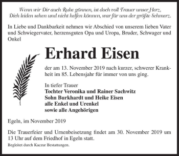 Traueranzeige von Erhard Eisen  von Magdeburger Volksstimme