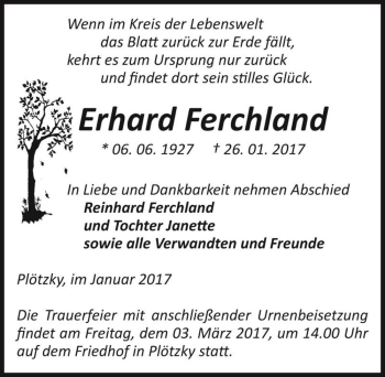 Traueranzeige von Erhard Ferchland  von Magdeburger Volksstimme