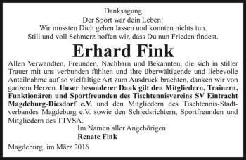 Traueranzeige von Erhard Fink  von Magdeburger Volksstimme