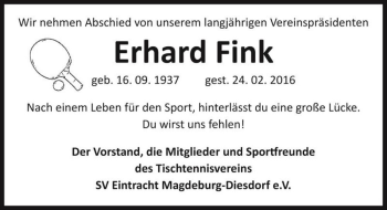 Traueranzeige von Erhard Fink  von Magdeburger Volksstimme