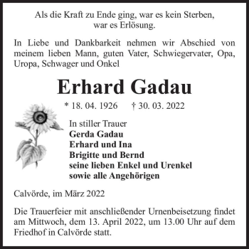 Traueranzeige von Erhard Gadau  von Magdeburger Volksstimme