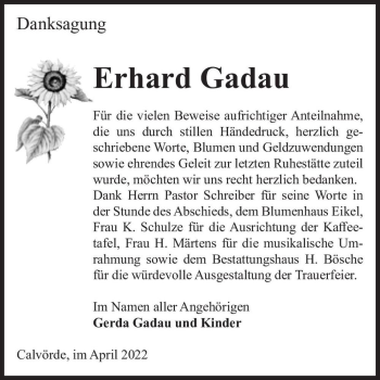 Traueranzeige von Erhard Gadau  von Magdeburger Volksstimme