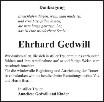 Traueranzeige von Erhard Gedwill  von Magdeburger Volksstimme