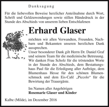 Traueranzeige von Erhard Glaser  von Magdeburger Volksstimme