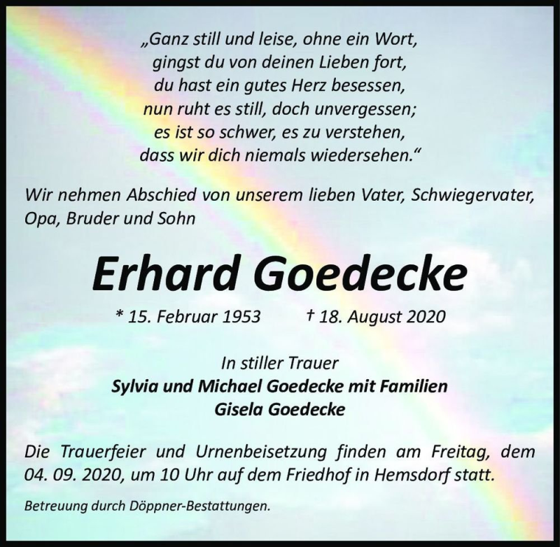  Traueranzeige für Erhard Goedecke  vom 22.08.2020 aus Magdeburger Volksstimme
