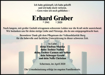 Traueranzeige von Erhard Graber  von Magdeburger Volksstimme
