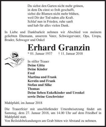 Traueranzeige von Erhard Granzin  von Magdeburger Volksstimme