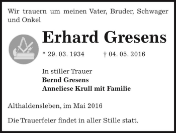 Traueranzeige von Erhard Gresens  von Magdeburger Volksstimme