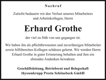 Traueranzeige von Erhard Grothe  von Magdeburger Volksstimme
