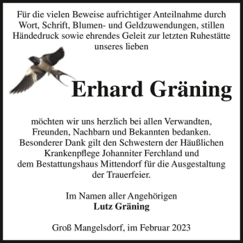 Traueranzeige von Erhard Gräning  von Magdeburger Volksstimme