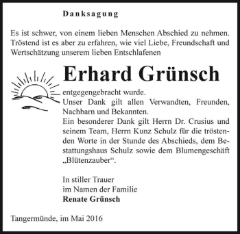 Traueranzeige von Erhard Grünsch  von Magdeburger Volksstimme