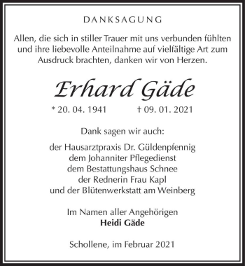 Traueranzeige von Erhard Gäde  von Magdeburger Volksstimme