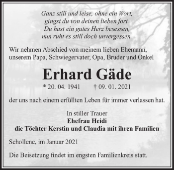 Traueranzeige von Erhard Gäde  von Magdeburger Volksstimme