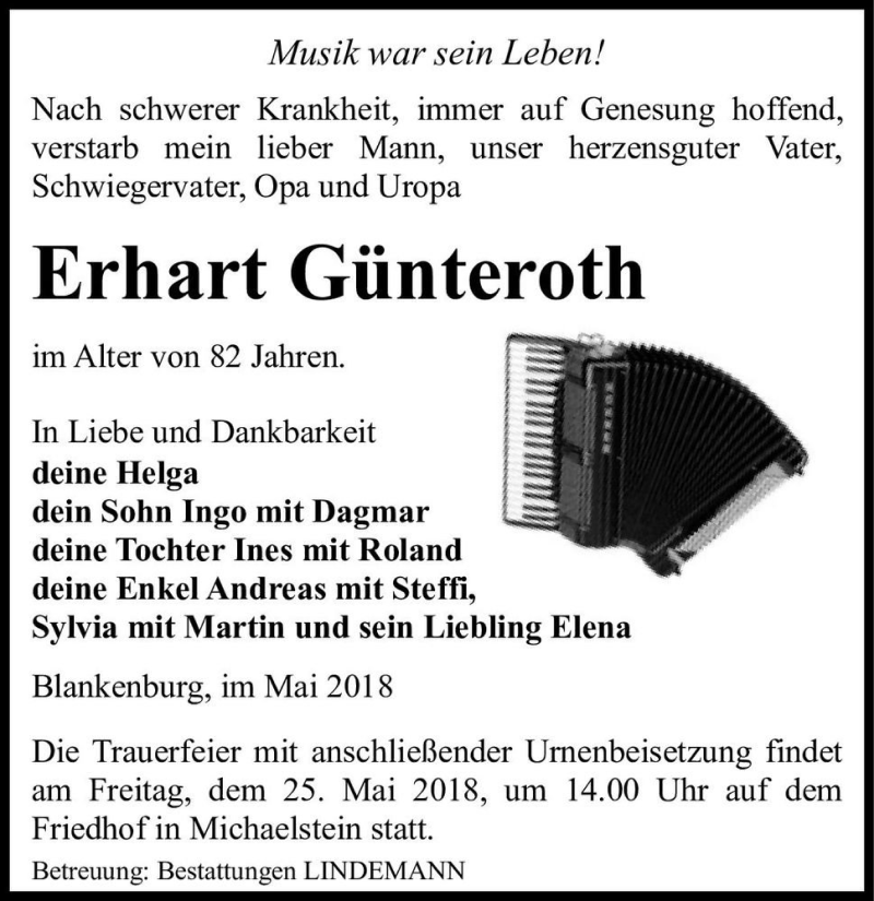  Traueranzeige für Erhard Günteroth  vom 05.05.2018 aus Magdeburger Volksstimme