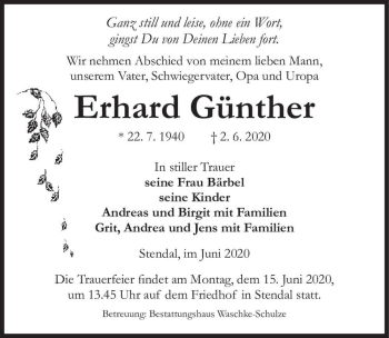 Traueranzeige von Erhard Günther  von Magdeburger Volksstimme