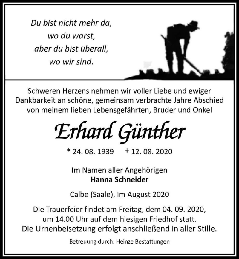  Traueranzeige für Erhard Günther  vom 22.08.2020 aus Magdeburger Volksstimme
