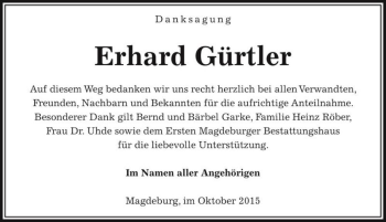 Traueranzeige von Erhard Gürtler  von Magdeburger Volksstimme
