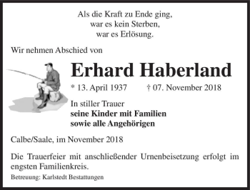 Traueranzeige von Erhard Haberland  von Magdeburger Volksstimme