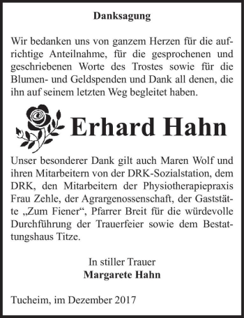 Traueranzeige von Erhard Hahn  von Magdeburger Volksstimme