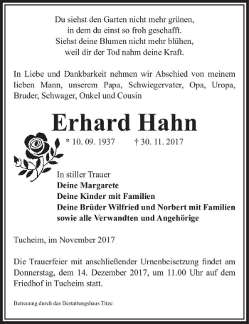 Traueranzeige von Erhard Hahn  von Magdeburger Volksstimme