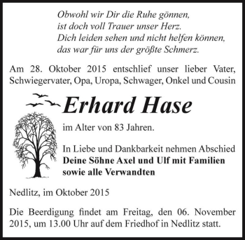 Traueranzeige von Erhard Hase  von Magdeburger Volksstimme