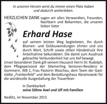 Traueranzeige von Erhard Hase  von Magdeburger Volksstimme