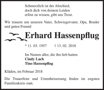 Traueranzeige von Erhard Hassenpflug  von Magdeburger Volksstimme