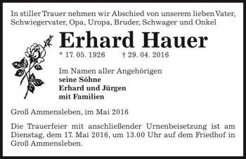 Traueranzeige von Erhard Hauer  von Magdeburger Volksstimme