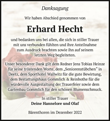 Traueranzeige von Erhard Hecht  von Magdeburger Volksstimme