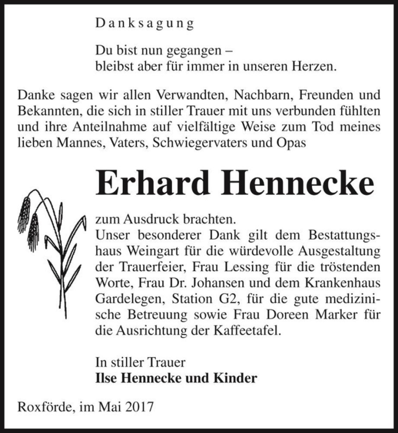  Traueranzeige für Erhard Hennecke  vom 12.05.2017 aus Magdeburger Volksstimme