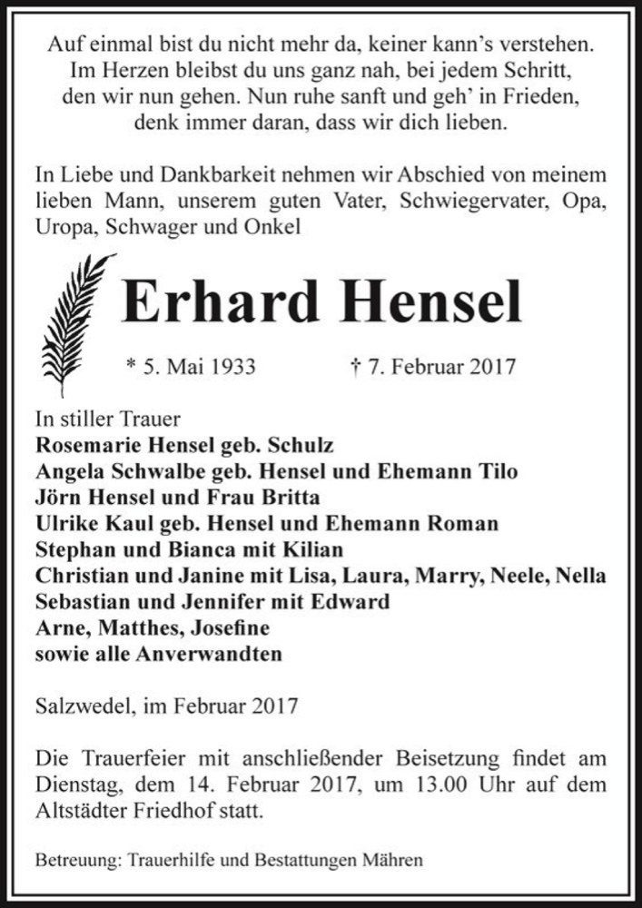  Traueranzeige für Erhard Hensel  vom 09.02.2017 aus Magdeburger Volksstimme