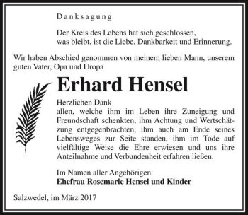 Traueranzeige von Erhard Hensel  von Magdeburger Volksstimme