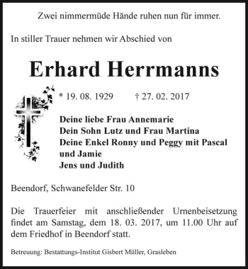 Traueranzeige von Erhard Herrmanns  von Magdeburger Volksstimme