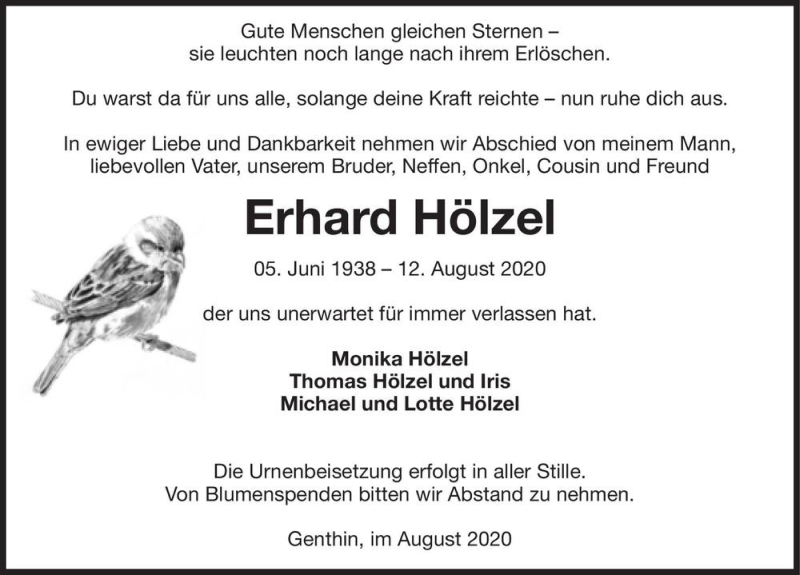  Traueranzeige für Erhard Hölzel  vom 22.08.2020 aus Magdeburger Volksstimme