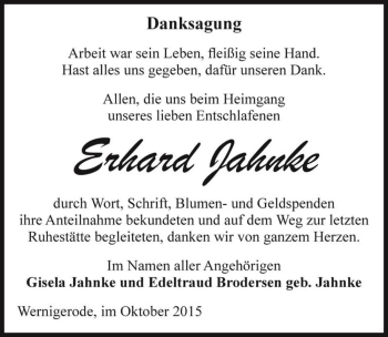 Traueranzeige von Erhard Jahnke  von Magdeburger Volksstimme