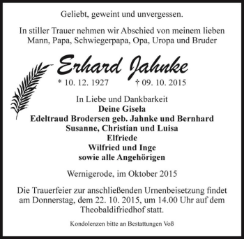 Traueranzeige von Erhard Jahnke  von Magdeburger Volksstimme