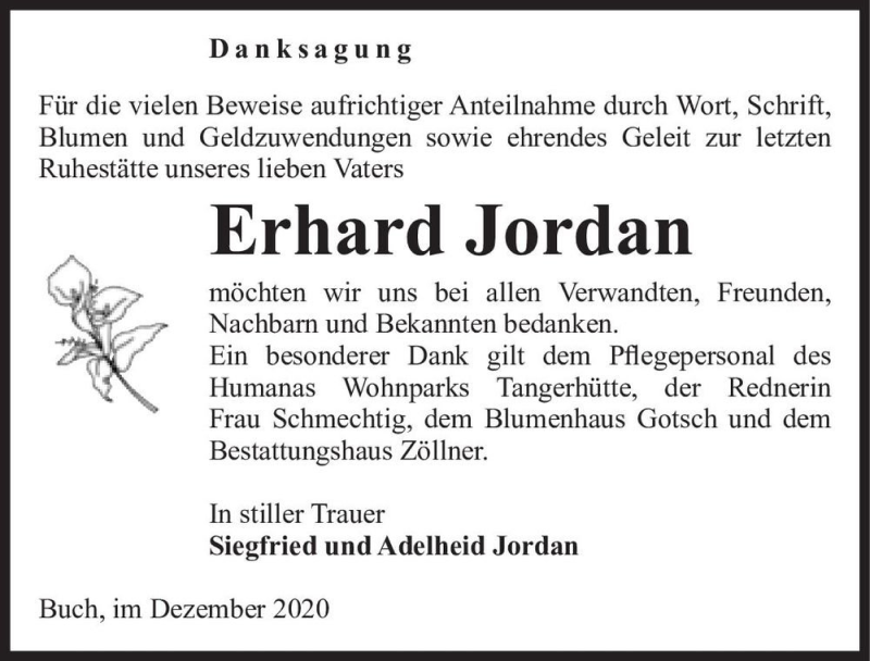  Traueranzeige für Erhard Jordan  vom 29.12.2020 aus Magdeburger Volksstimme