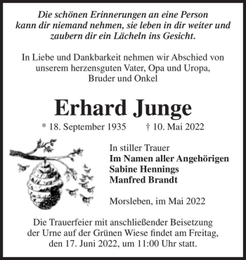 Traueranzeige von Erhard Junge  von Magdeburger Volksstimme