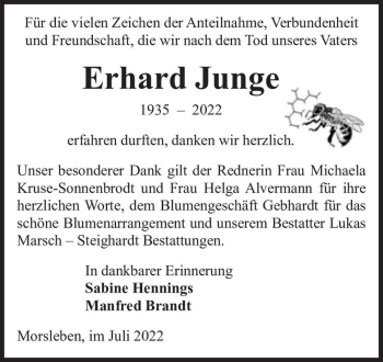 Traueranzeige von Erhard Junge  von Magdeburger Volksstimme